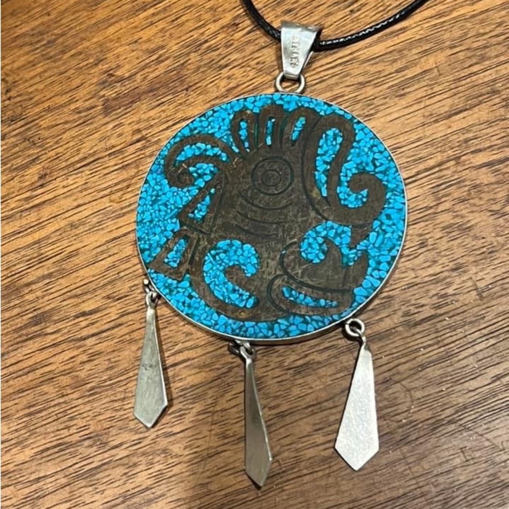 Wood Bronze Metal Turquoise Reversible Native Necklace